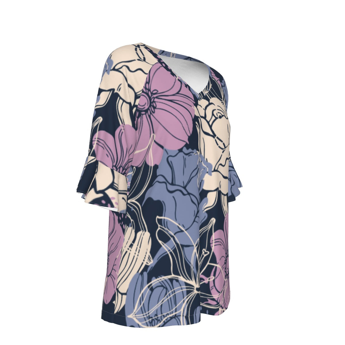 All-Over Print V-neck Women's T-shirt With Bell Sleeve