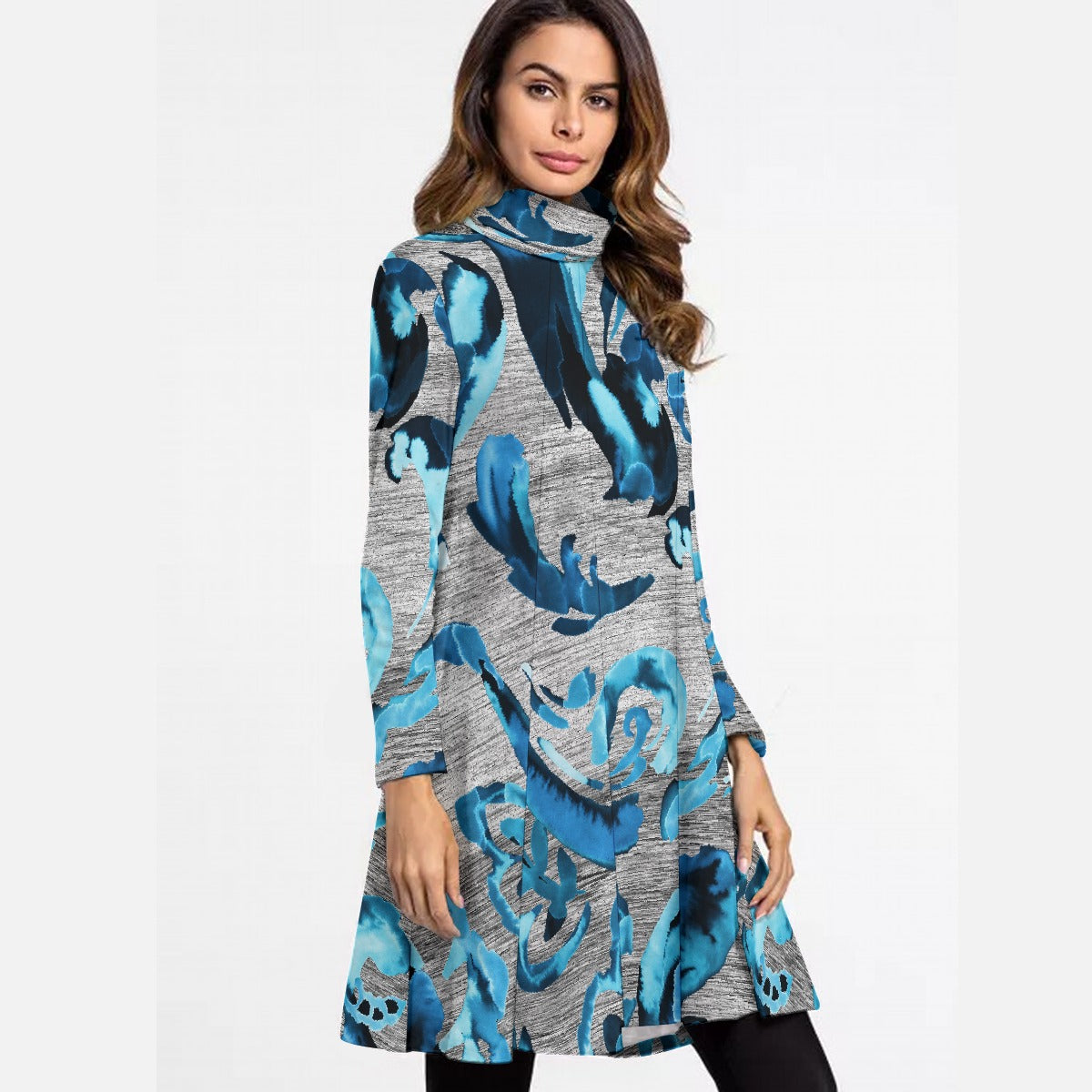 All-Over Print Women's High Neck Dress With Long Sleeve