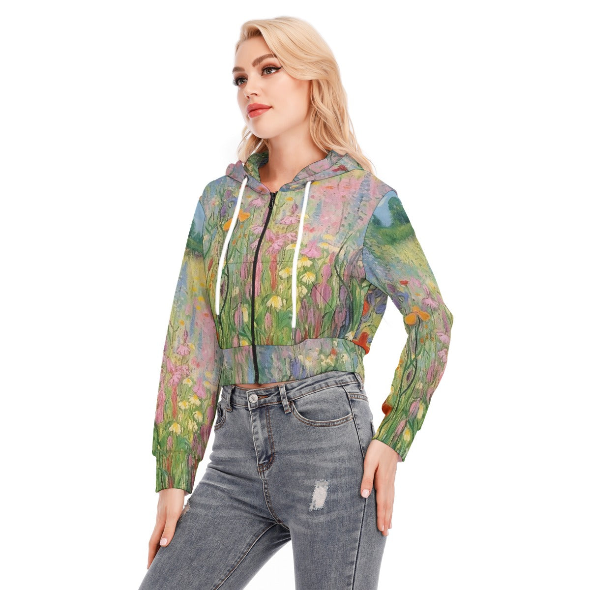 All-Over Print Women's Crop Top Hoodie With Zipper Closure
