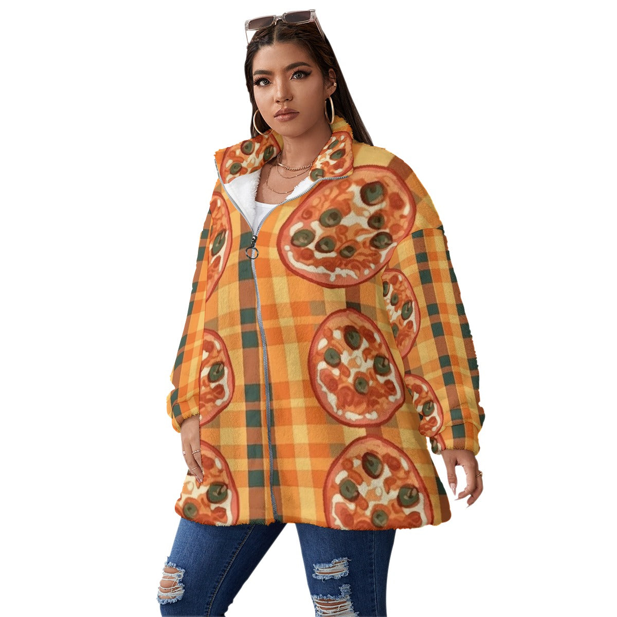 All-Over Print Unisex Borg Fleece Stand-up Collar Coat With Zipper Closure(Plus Size)