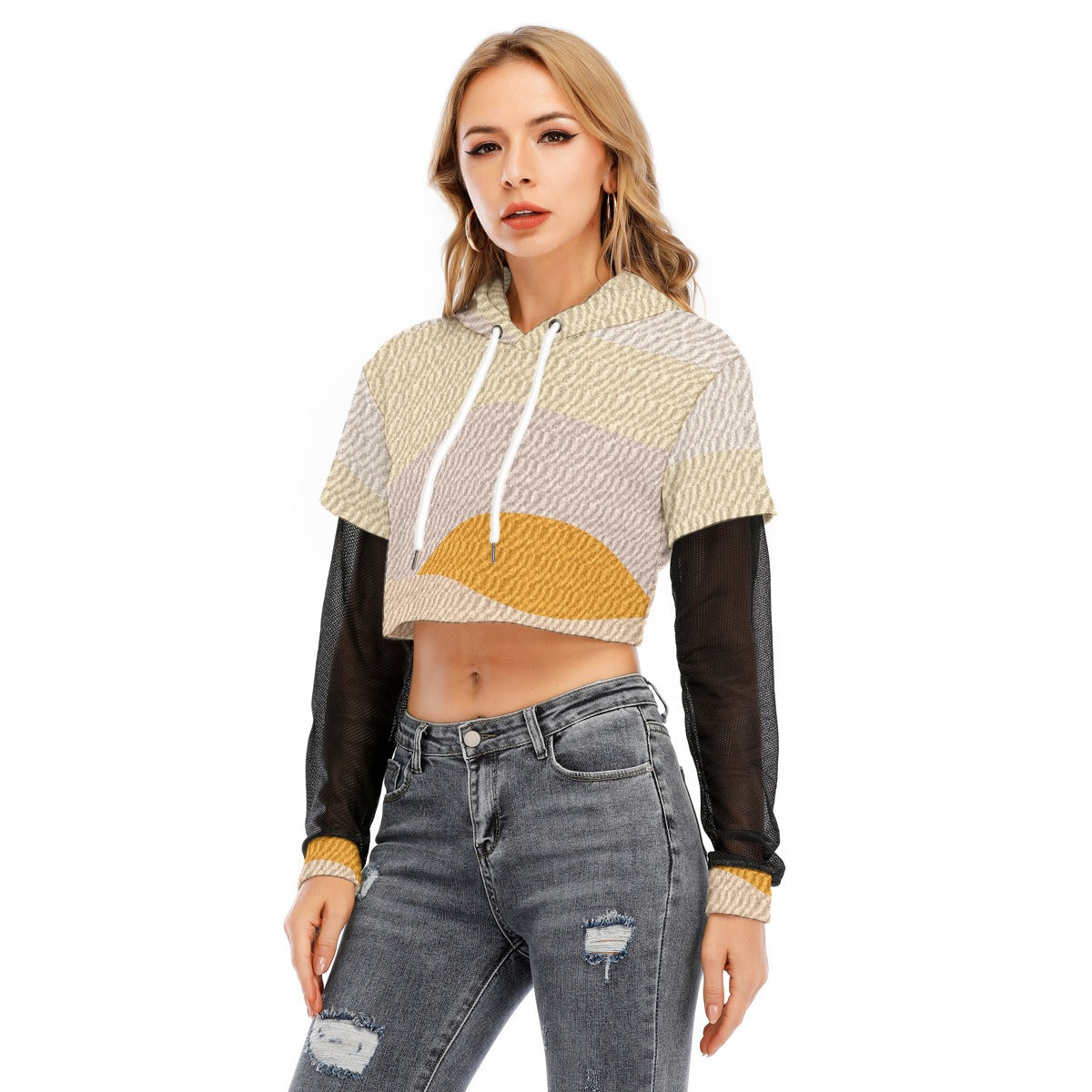 All-Over Print Women's Fake Two-piece Mesh Sleeve Cropped Hoodie