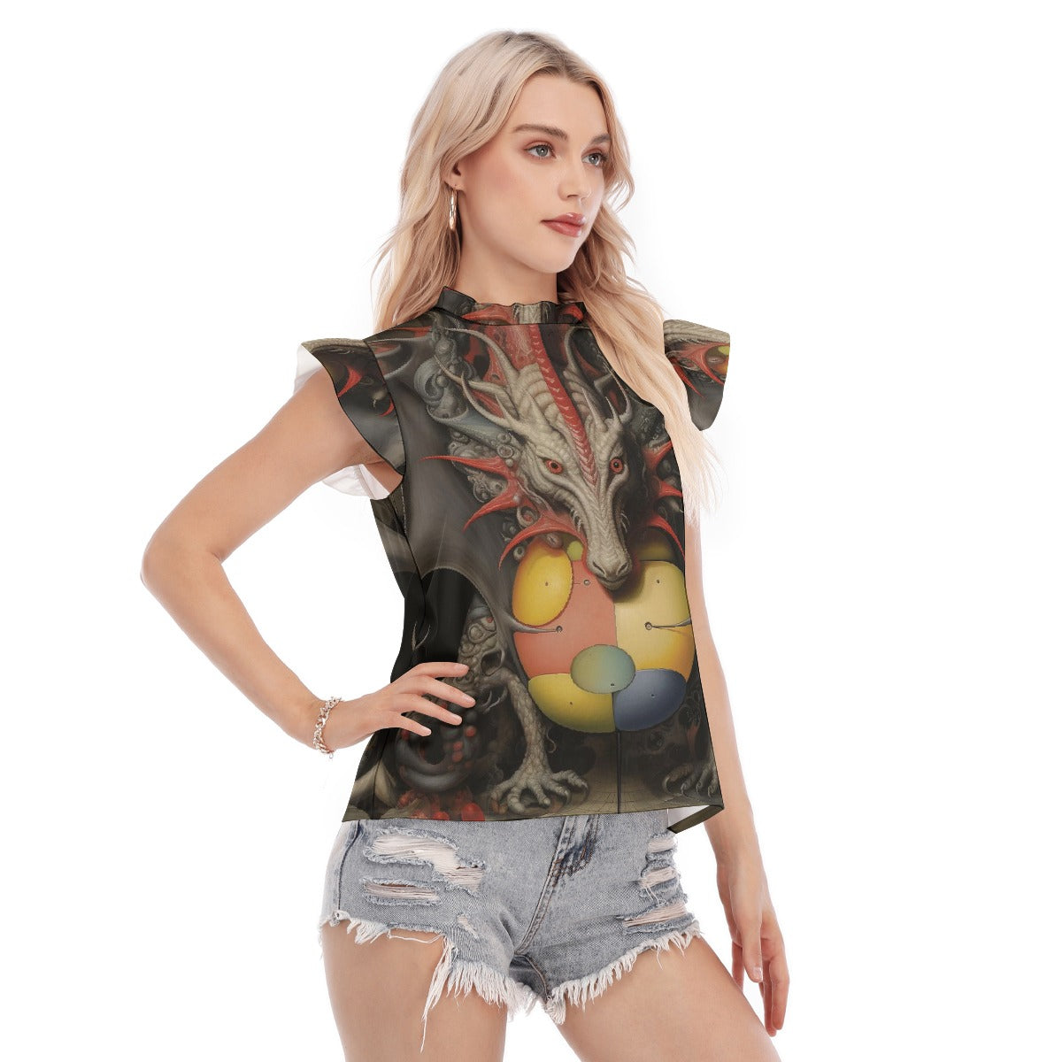 All-Over Print Women's Blouse With Ruffle Collar And Sleeve