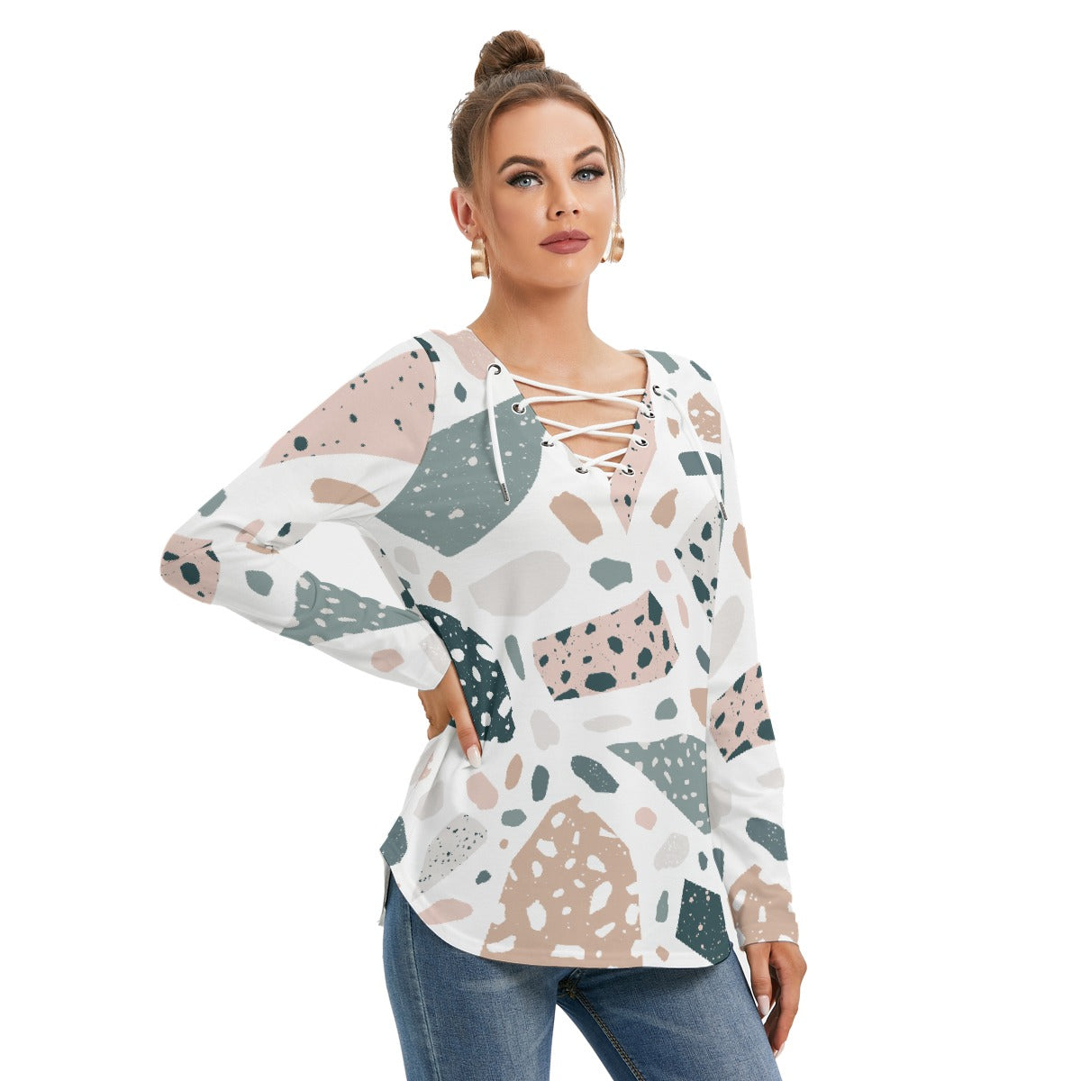 All-Over Print Women's Long Sleeve Neckline Tie Sweatshirt