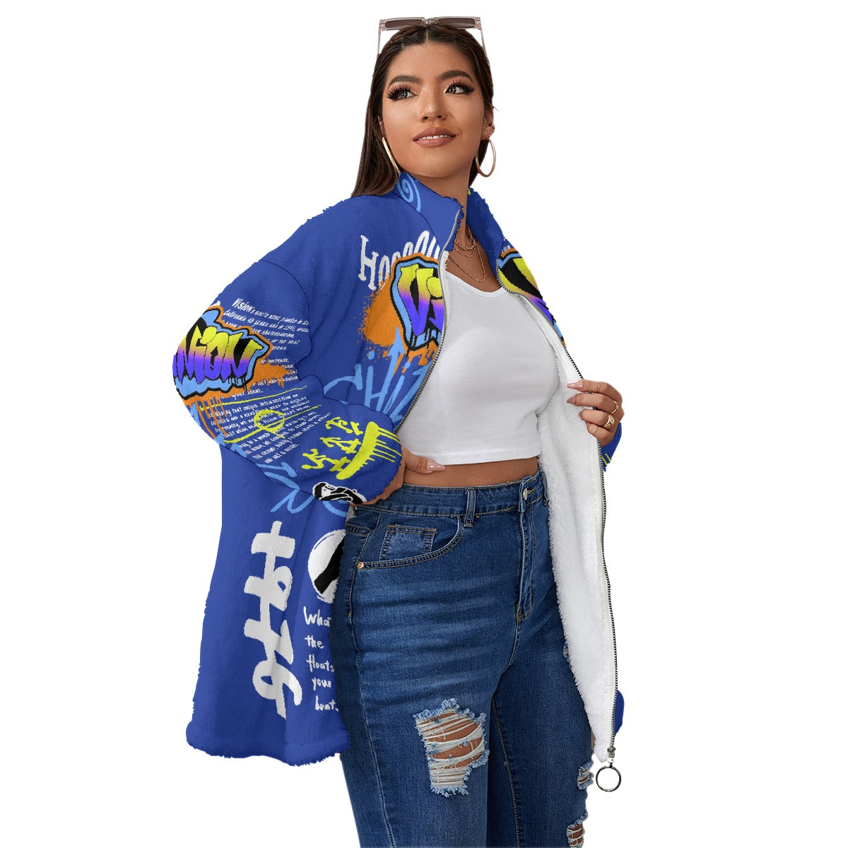 All-Over Print Unisex Borg Fleece Stand-up Collar Coat With Zipper Closure(Plus Size)