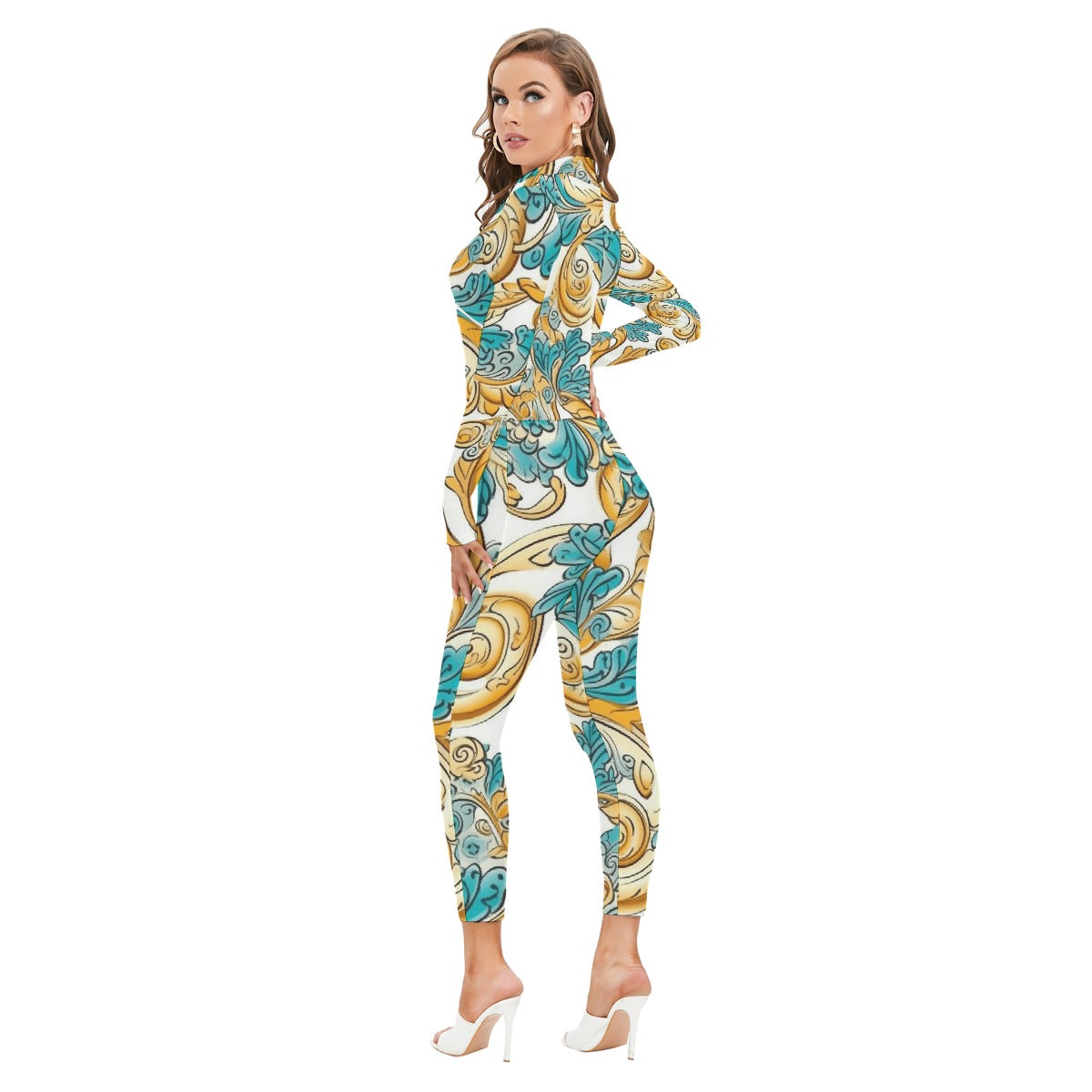 All-Over Print Women's Long-sleeved High-neck Jumpsuit With Zipper