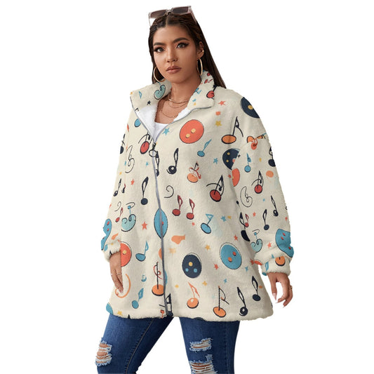 All-Over Print Unisex Borg Fleece Stand-up Collar Coat With Zipper Closure(Plus Size)
