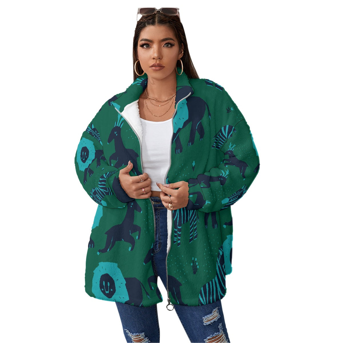 All-Over Print Unisex Borg Fleece Stand-up Collar Coat With Zipper Closure(Plus Size)