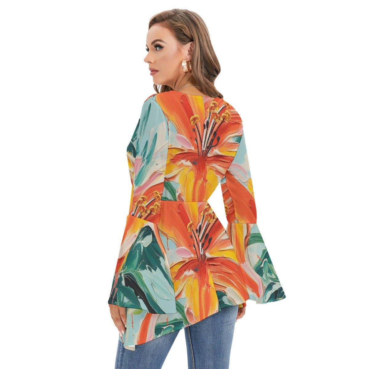 All-Over Print Women's V-neck Blouse With Flared Sleeves