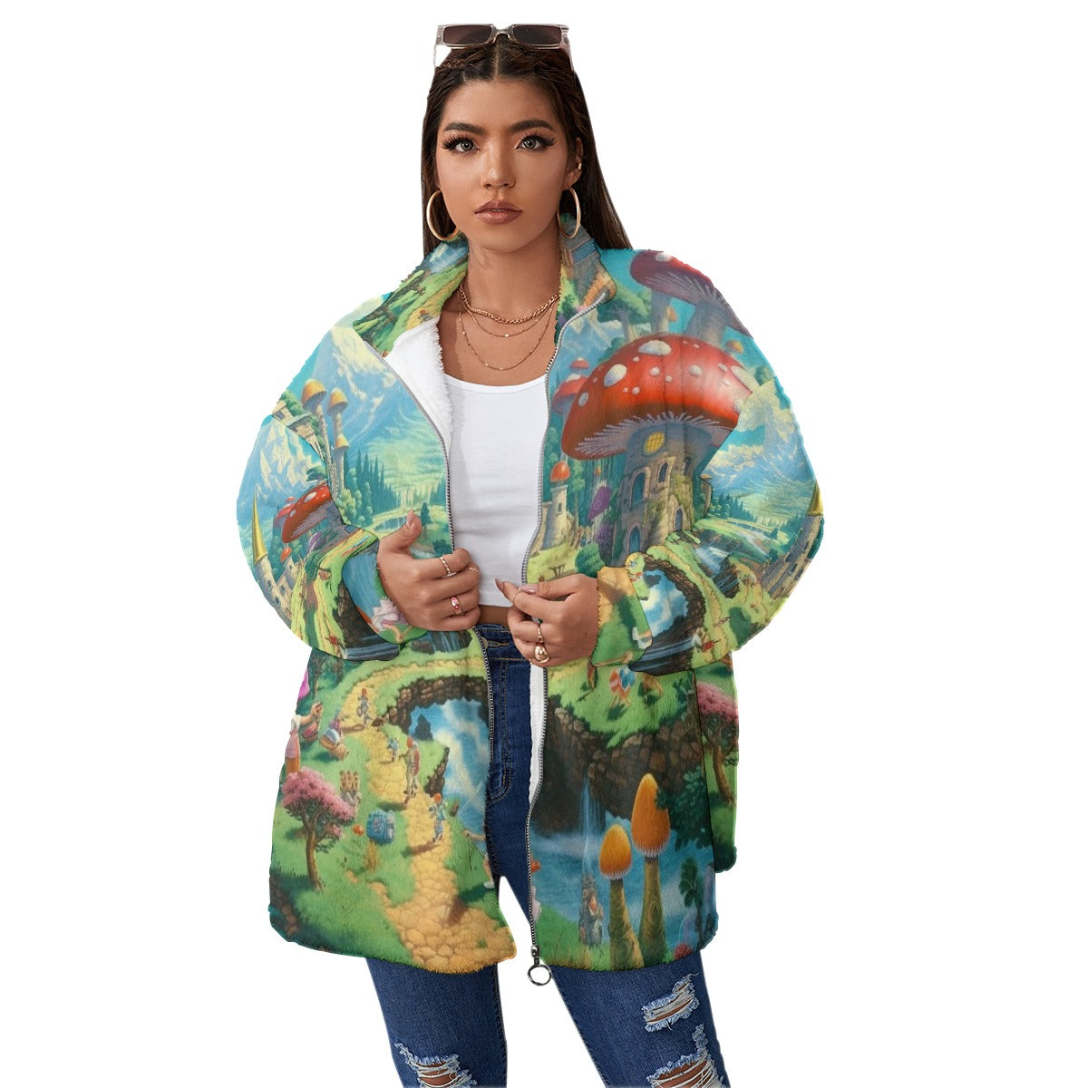 All-Over Print Unisex Borg Fleece Stand-up Collar Coat With Zipper Closure(Plus Size)