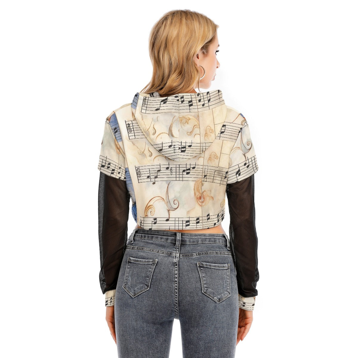 All-Over Print Women's Fake Two-piece Mesh Sleeve Cropped Hoodie