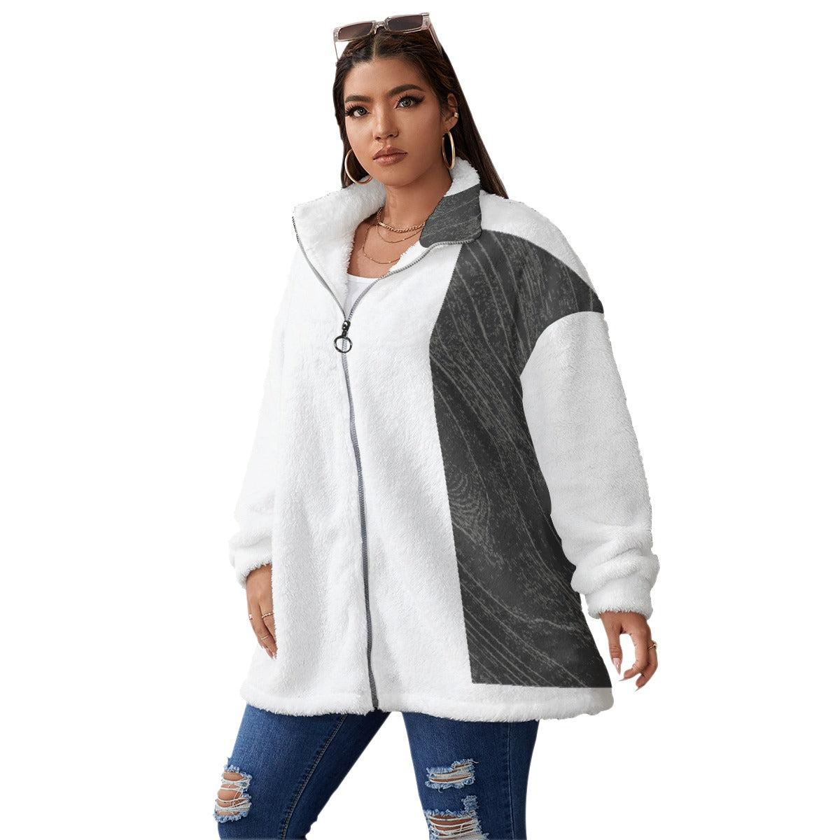 All-Over Print Unisex Borg Fleece Stand-up Collar Coat With Zipper Closure(Plus Size)