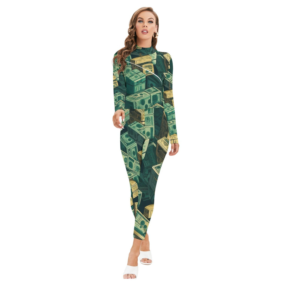 All-Over Print Women's Long-sleeved High-neck Jumpsuit With Zipper