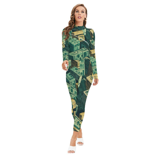 All-Over Print Women's Long-sleeved High-neck Jumpsuit With Zipper