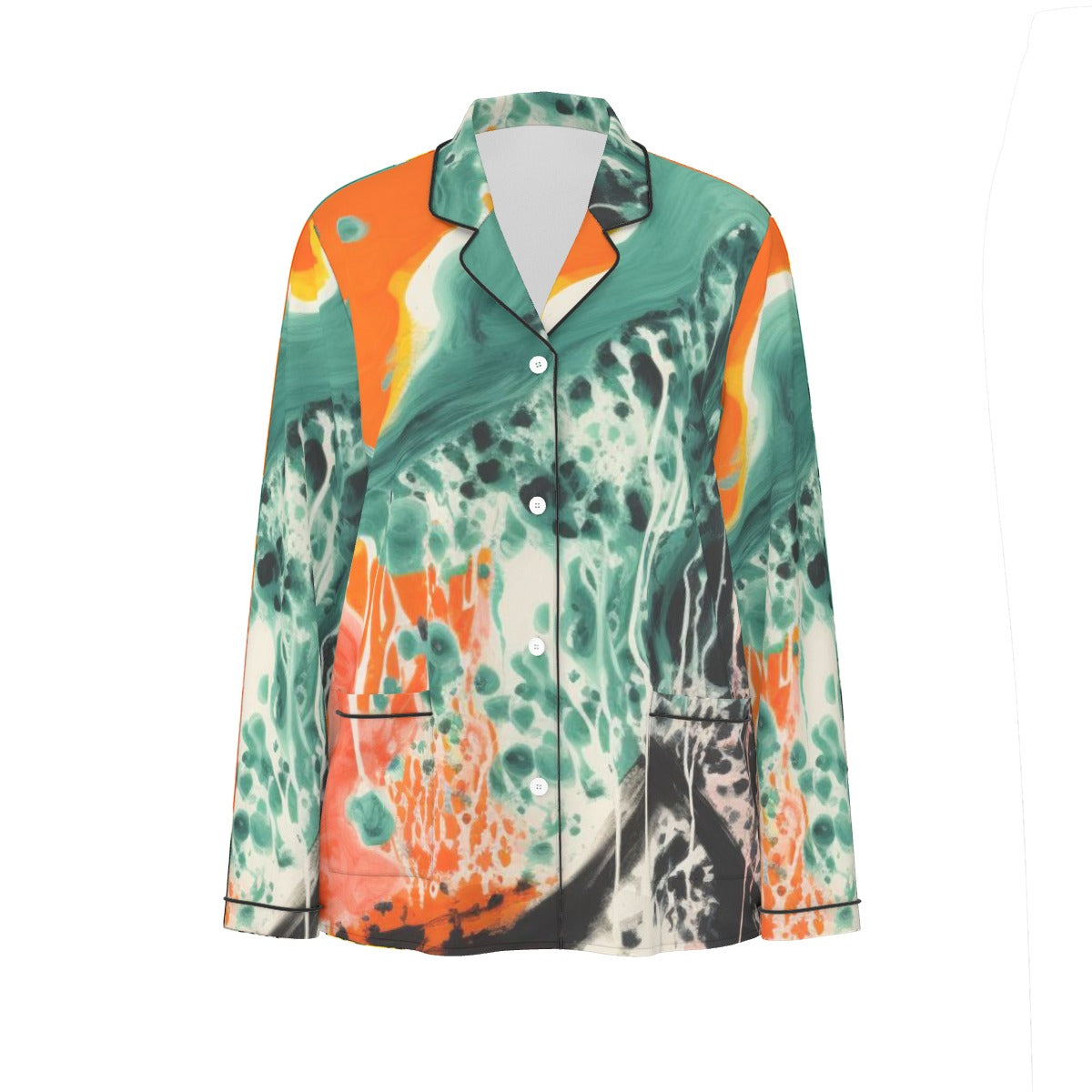 All-Over Print Women's Long Sleeve Pajama Set With Black Contrast Piping