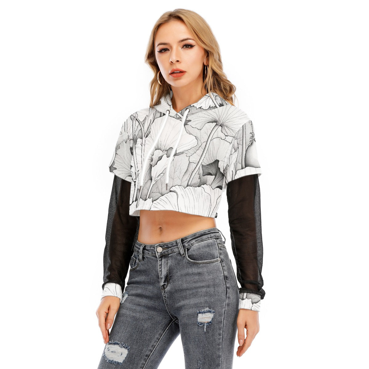 All-Over Print Women's Fake Two-piece Mesh Sleeve Cropped Hoodie