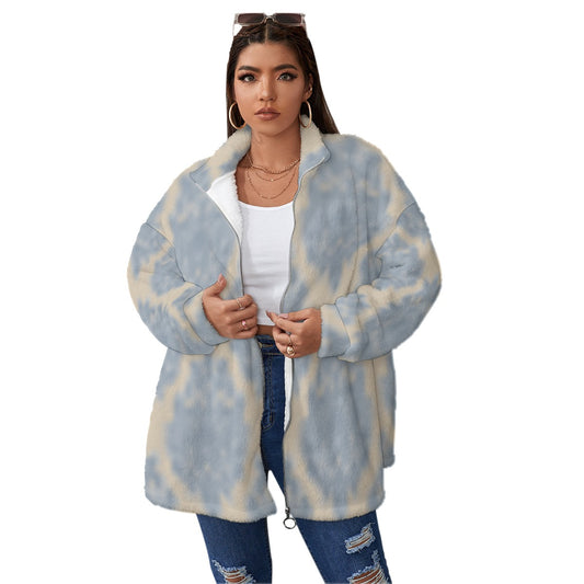 All-Over Print Unisex Borg Fleece Stand-up Collar Coat With Zipper Closure(Plus Size)
