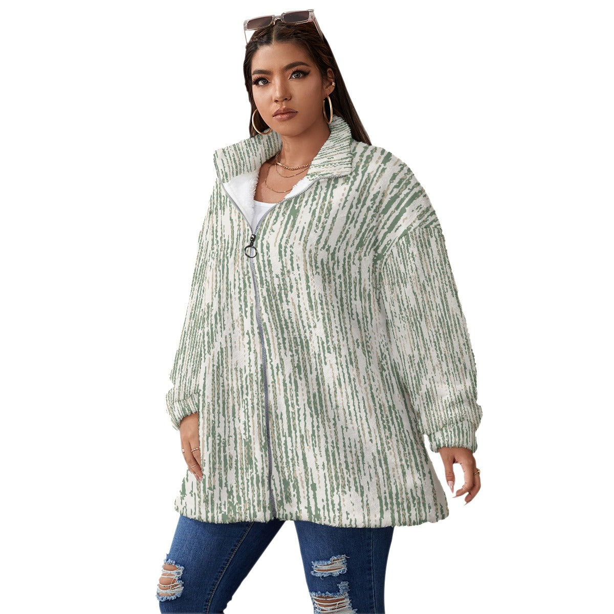 All-Over Print Unisex Borg Fleece Stand-up Collar Coat With Zipper Closure(Plus Size)