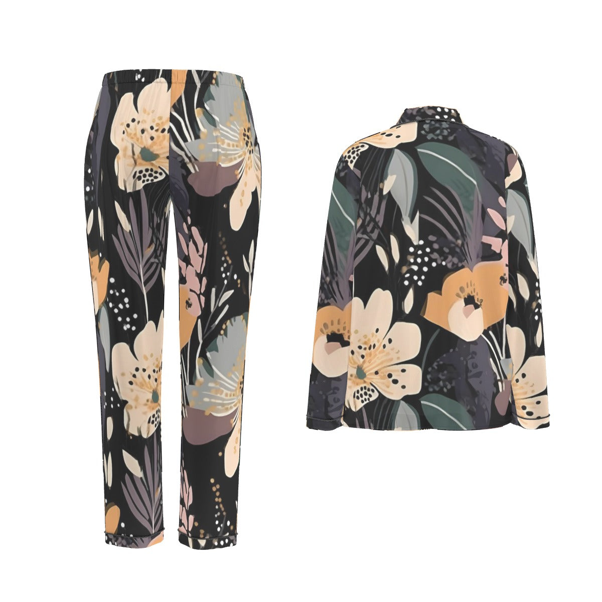 All-Over Print Women's Long Sleeve Pajama Set With Black Contrast Piping