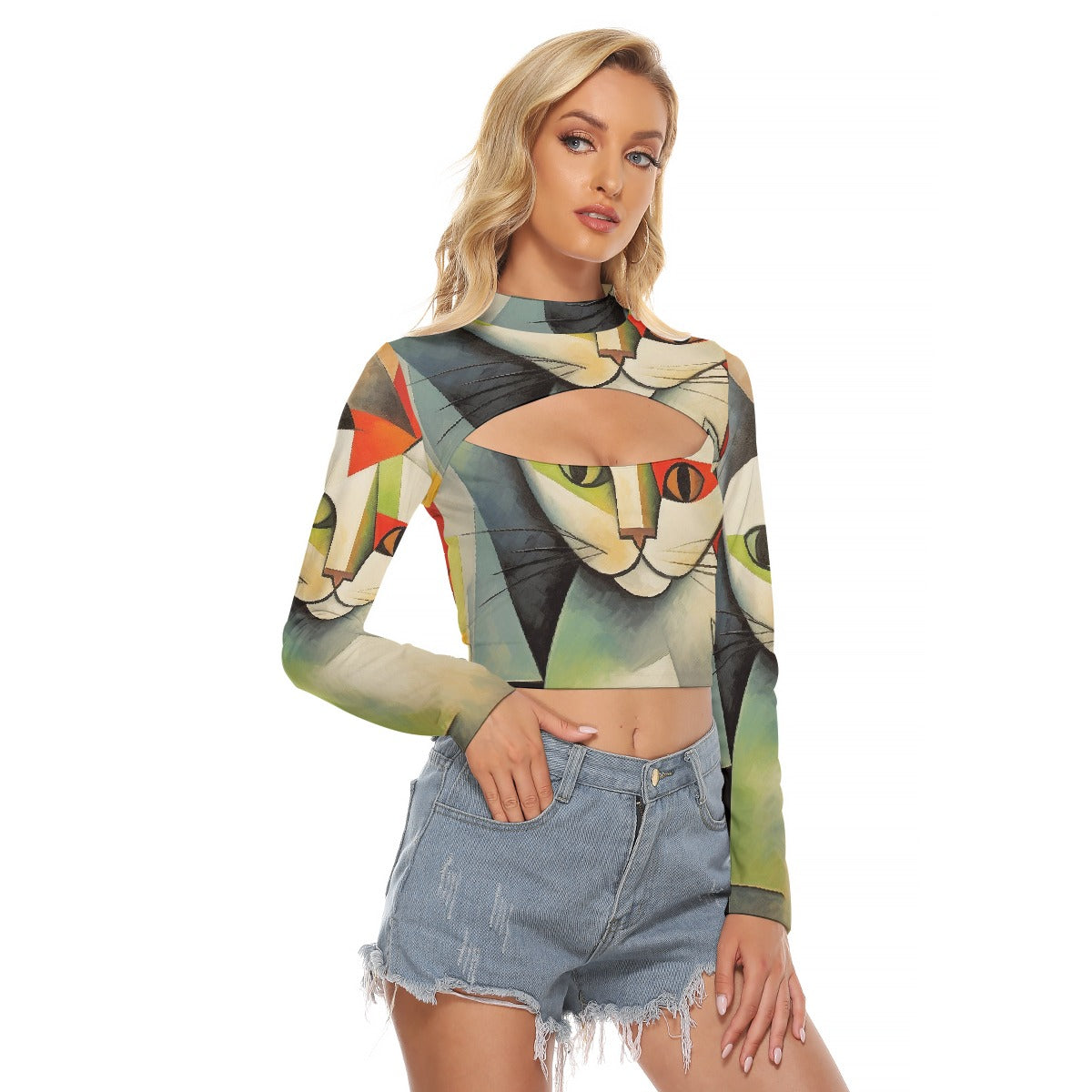 All-Over Print Women's Hollow Chest Keyhole Tight Crop Top