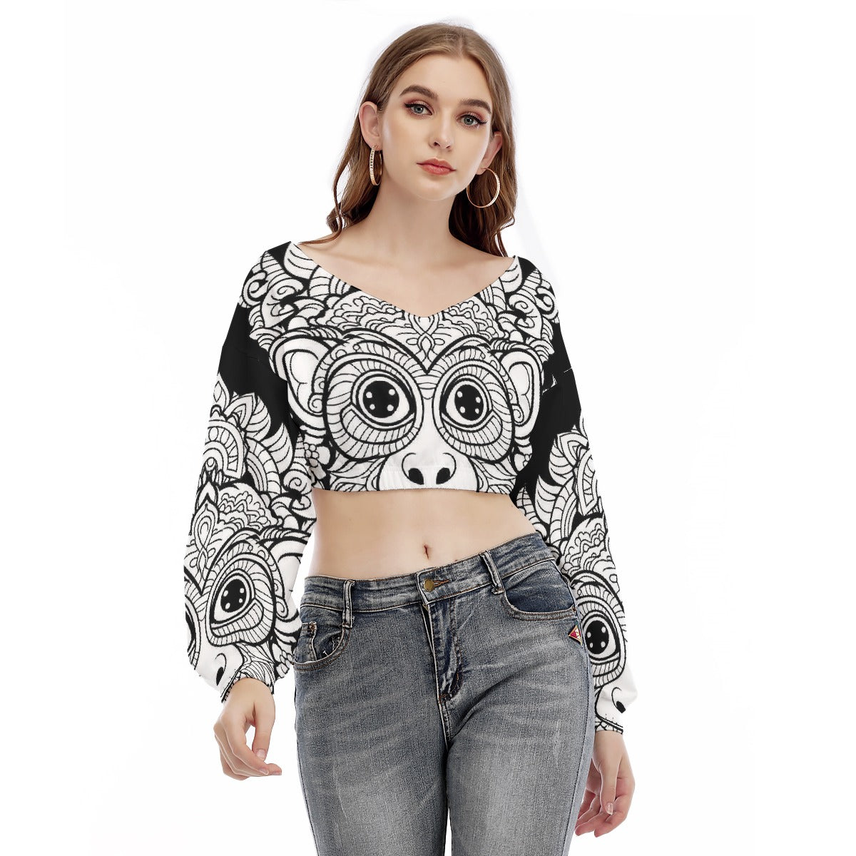 All-Over Print Women's V-neck Long Sleeve Cropped Sweatshirt