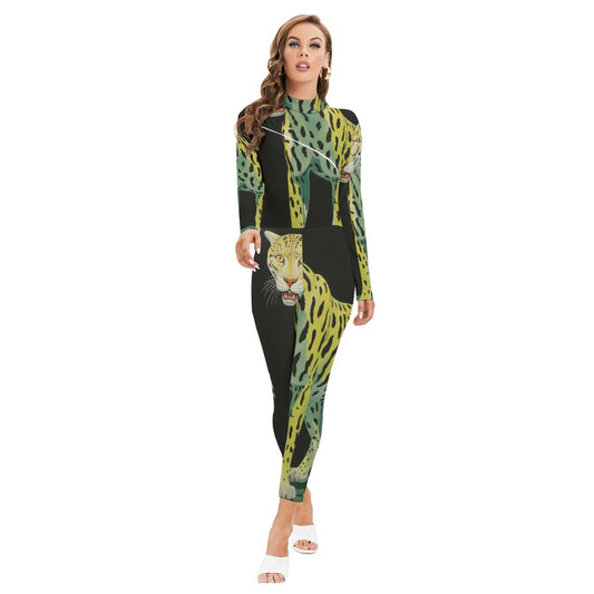 All-Over Print Women's Long-sleeved High-neck Jumpsuit With Zipper