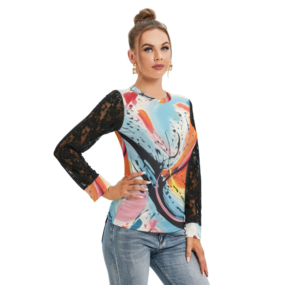 All-Over Print Women's T-shirt And Sleeve With Black Lace
