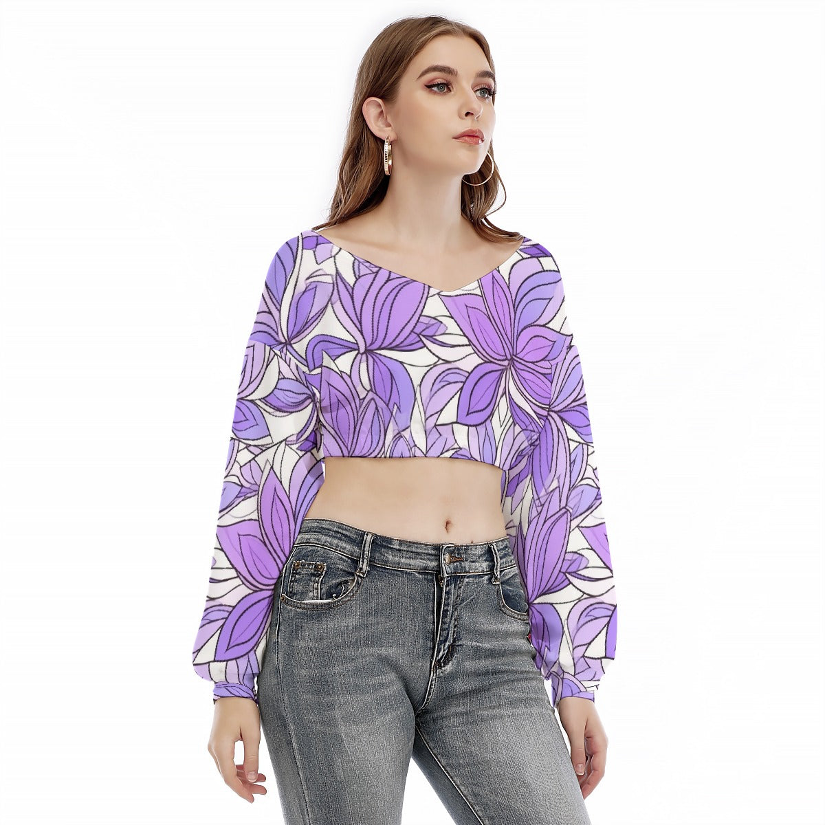All-Over Print Women's V-neck Long Sleeve Cropped Sweatshirt