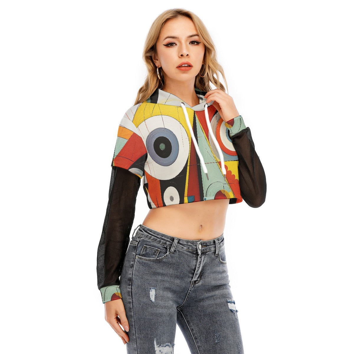 All-Over Print Women's Fake Two-piece Mesh Sleeve Cropped Hoodie