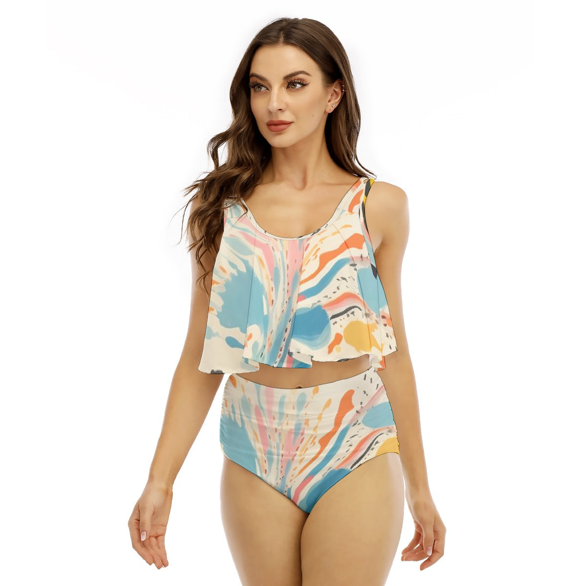 All-Over Print Women's Ruffled Vest Bikini Swimsuit