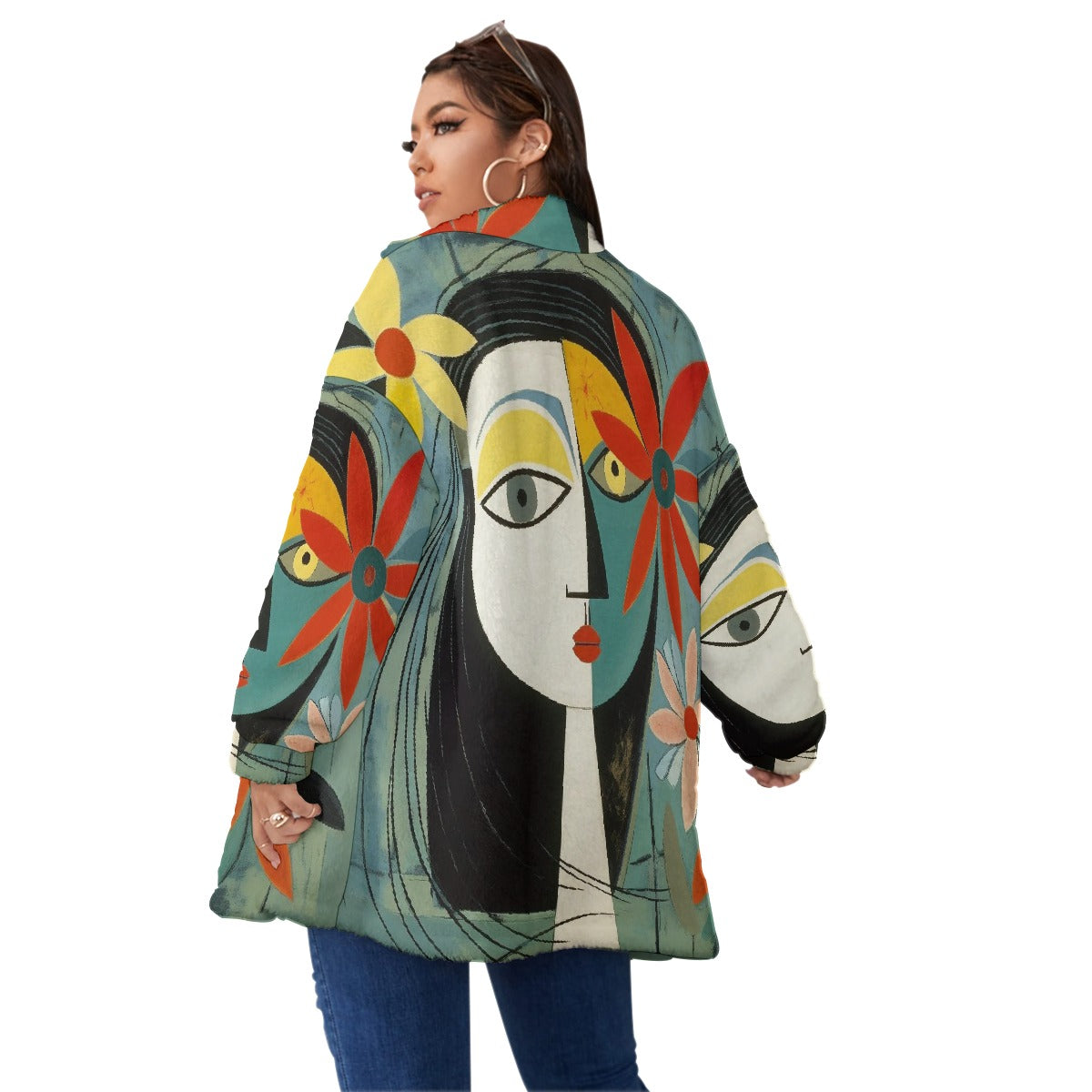 All-Over Print Unisex Borg Fleece Stand-up Collar Coat With Zipper Closure(Plus Size)