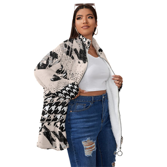 All-Over Print Unisex Borg Fleece Stand-up Collar Coat With Zipper Closure(Plus Size)