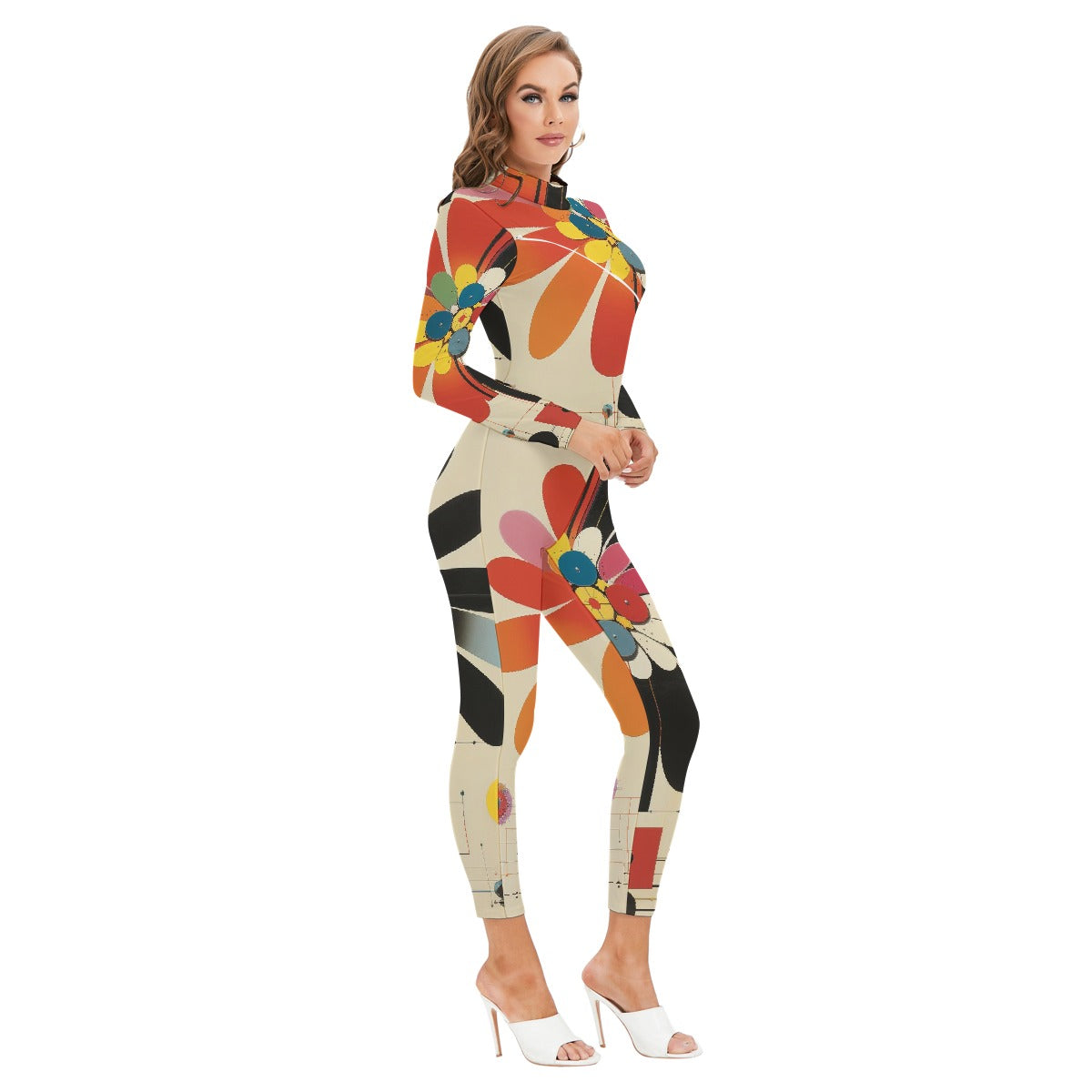 All-Over Print Women's Long-sleeved High-neck Jumpsuit With Zipper