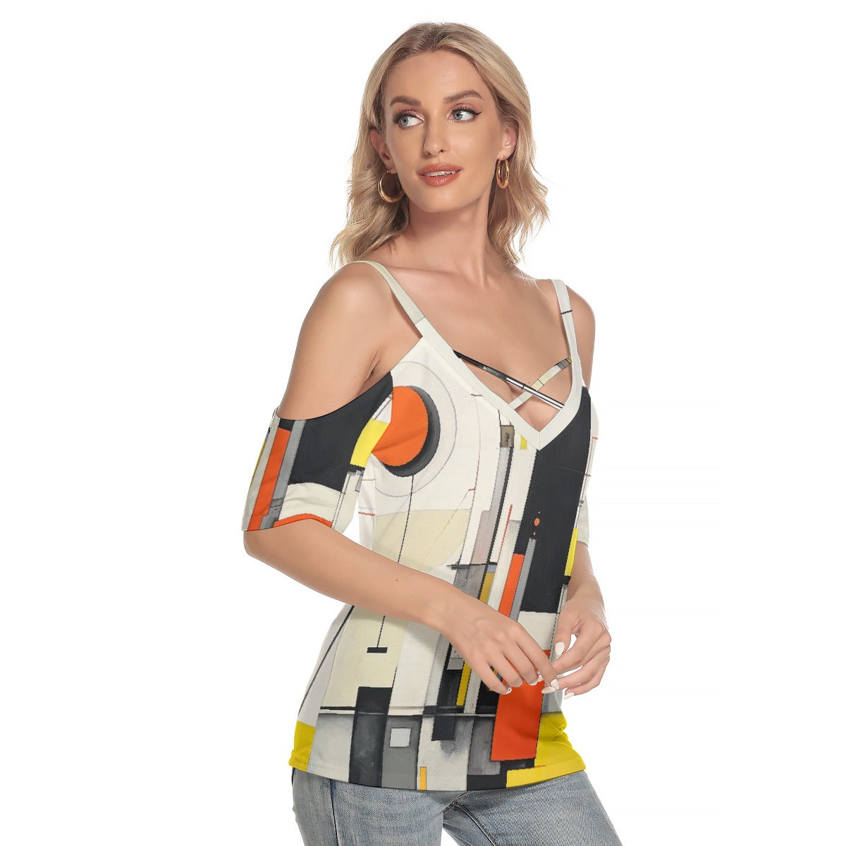 All-Over Print Women's Cold Shoulder T-shirt With Criss Cross Strips