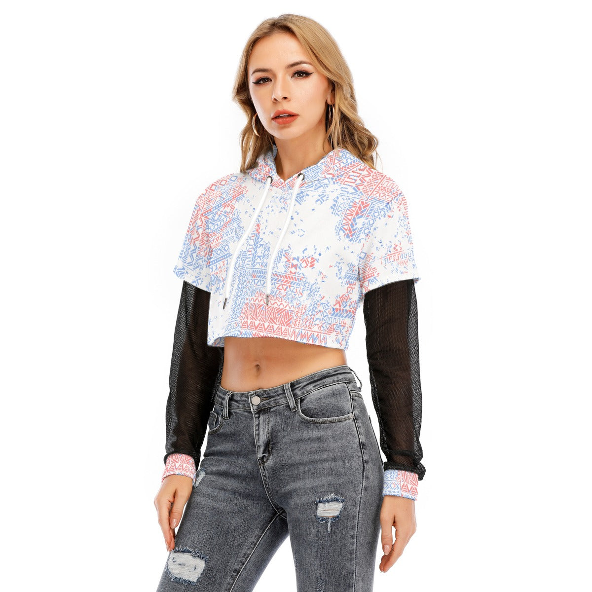 All-Over Print Women's Fake Two-piece Mesh Sleeve Cropped Hoodie