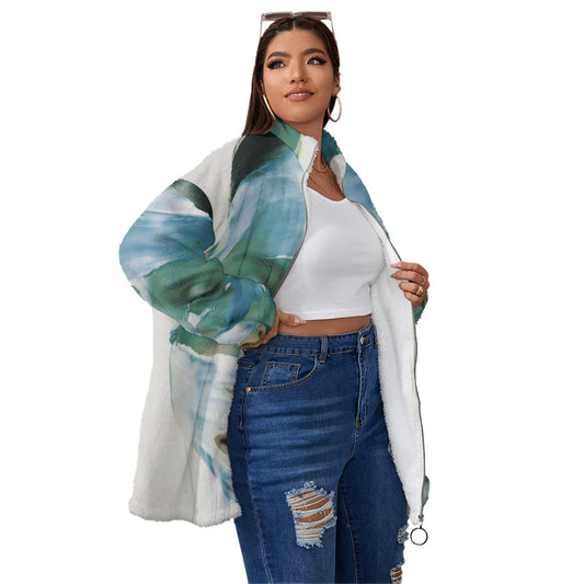 All-Over Print Unisex Borg Fleece Stand-up Collar Coat With Zipper Closure(Plus Size)