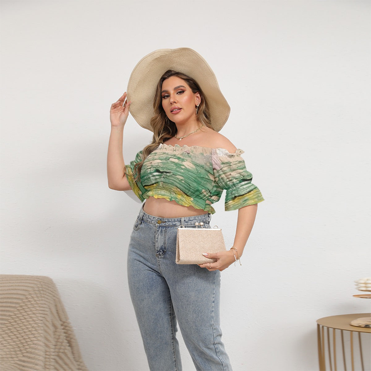 All-Over Print Women's Off-shoulder Cropped Top With Short Puff Sleeve