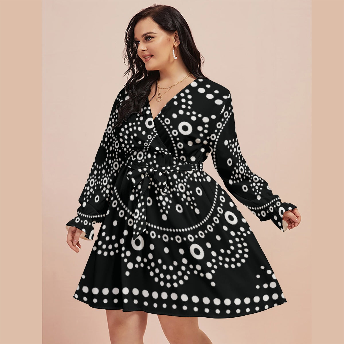 All-Over Print Women's V-neck Dress With Waistband(Plus Size)