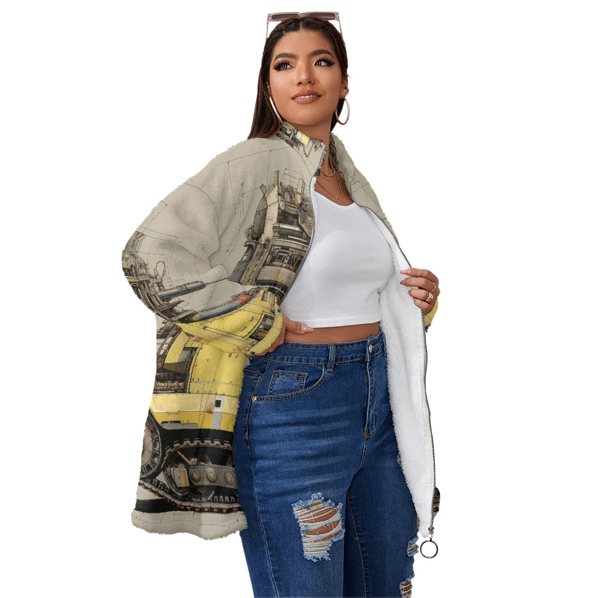 All-Over Print Unisex Borg Fleece Stand-up Collar Coat With Zipper Closure(Plus Size)