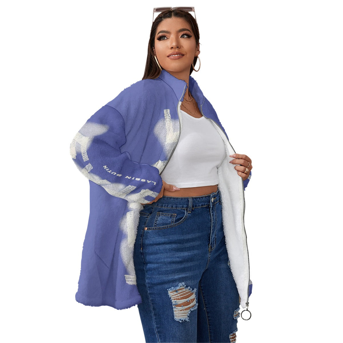 All-Over Print Unisex Borg Fleece Stand-up Collar Coat With Zipper Closure(Plus Size)