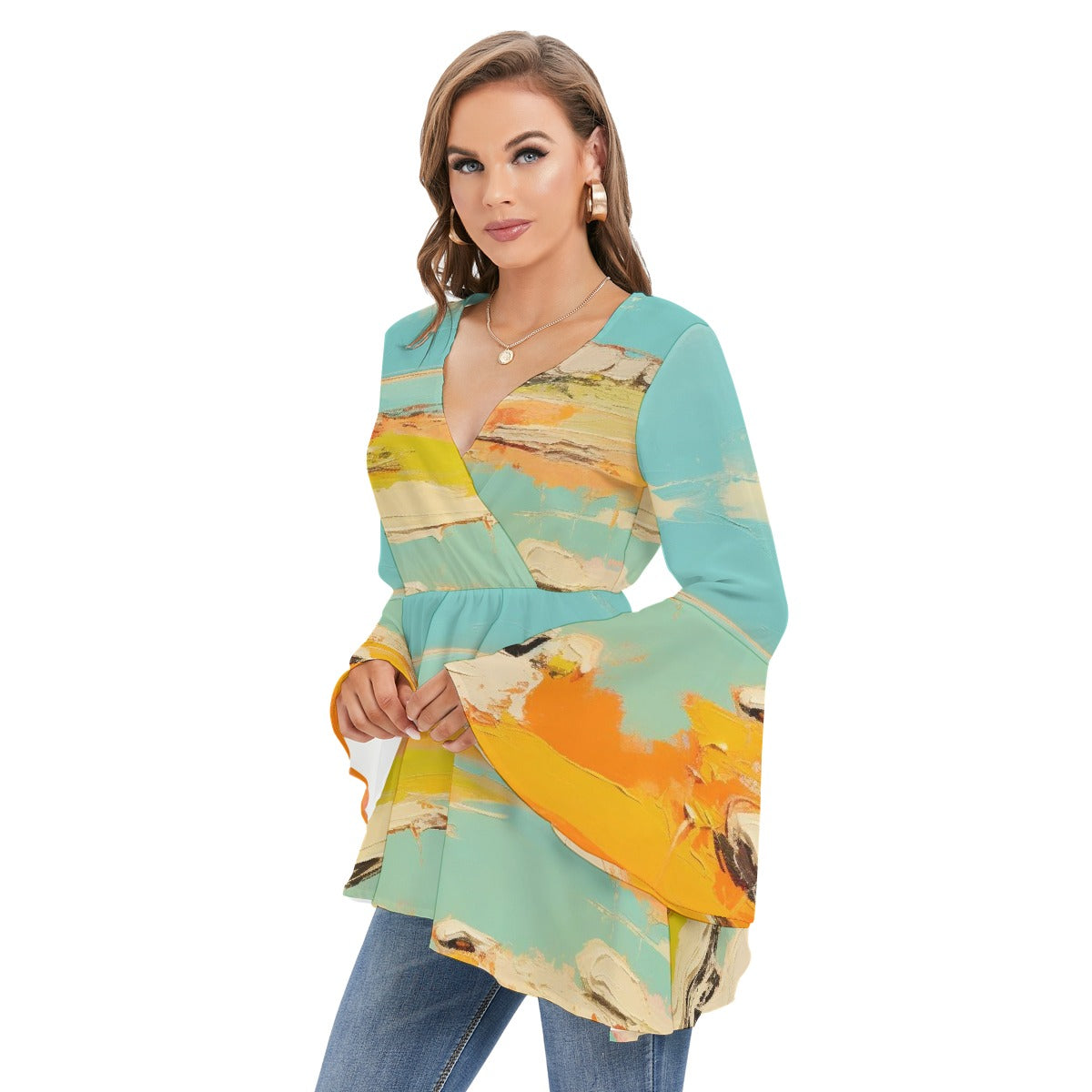 All-Over Print Women's V-neck Blouse With Flared Sleeves