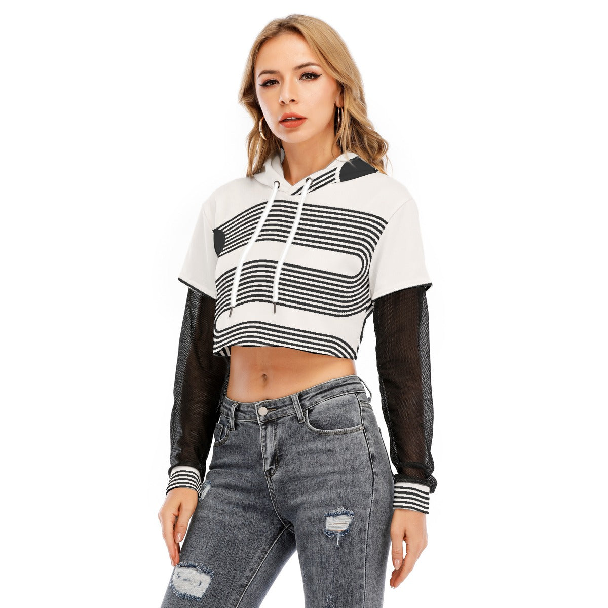 All-Over Print Women's Fake Two-piece Mesh Sleeve Cropped Hoodie