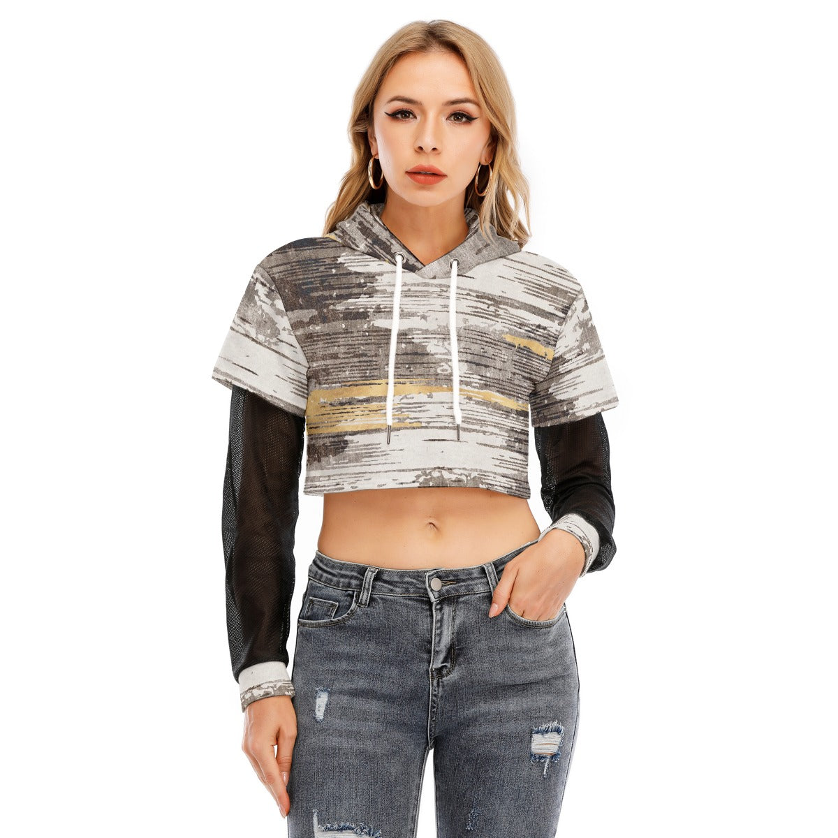 All-Over Print Women's Fake Two-piece Mesh Sleeve Cropped Hoodie