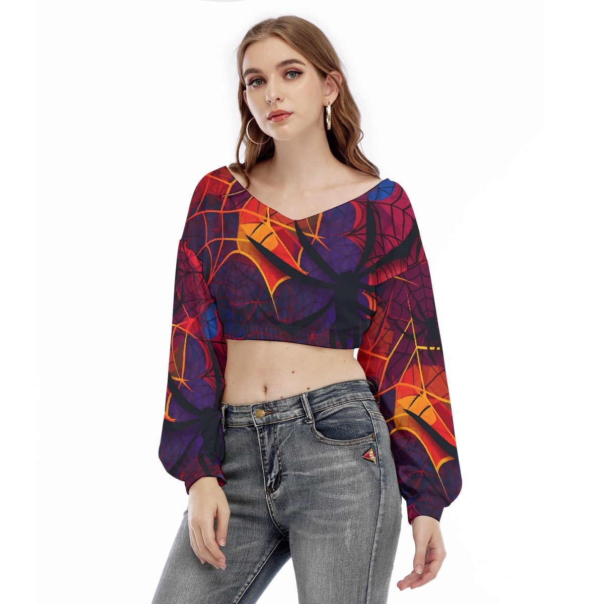 All-Over Print Women's V-neck Long Sleeve Cropped Sweatshirt