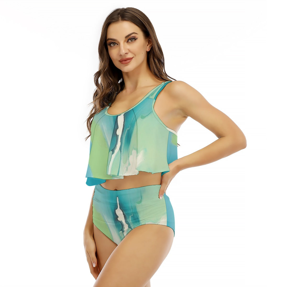 All-Over Print Women's Ruffled Vest Bikini Swimsuit