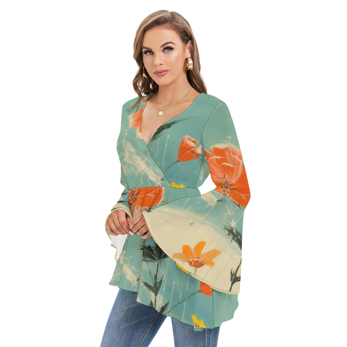 All-Over Print Women's V-neck Blouse With Flared Sleeves