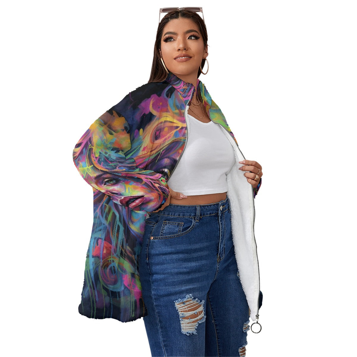 All-Over Print Unisex Borg Fleece Stand-up Collar Coat With Zipper Closure(Plus Size)