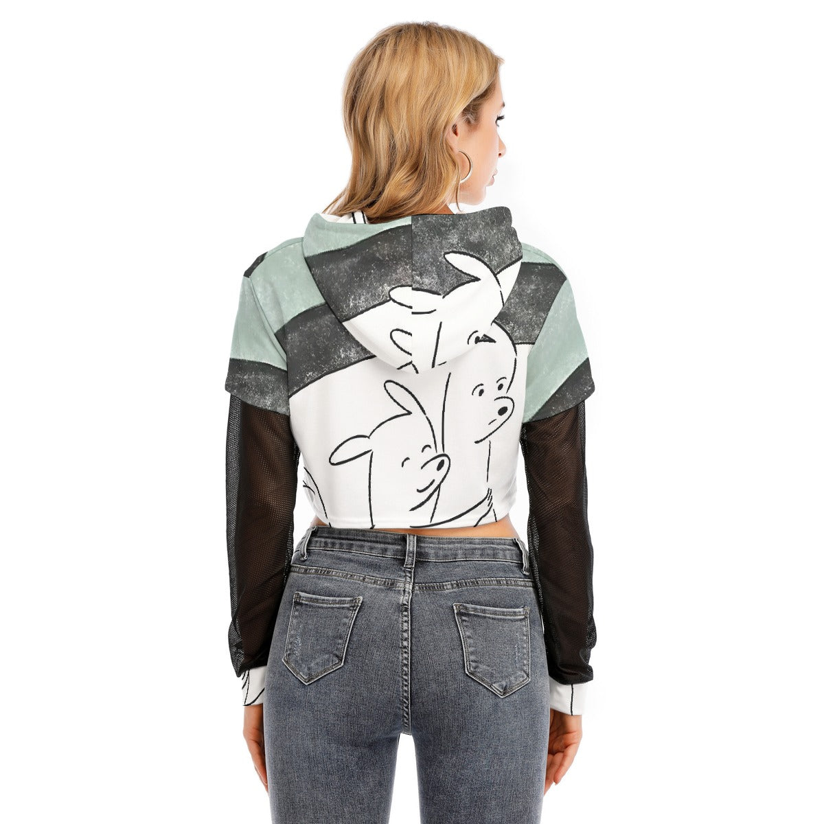 All-Over Print Women's Fake Two-piece Mesh Sleeve Cropped Hoodie