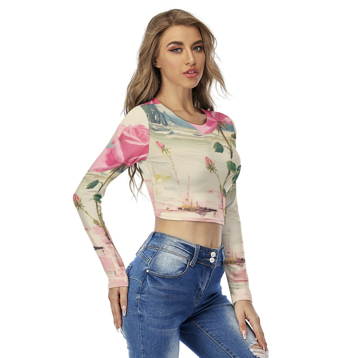 All-Over Print Women's Round Neck Crop Top T-Shirt