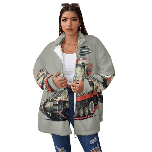 All-Over Print Unisex Borg Fleece Stand-up Collar Coat With Zipper Closure(Plus Size)