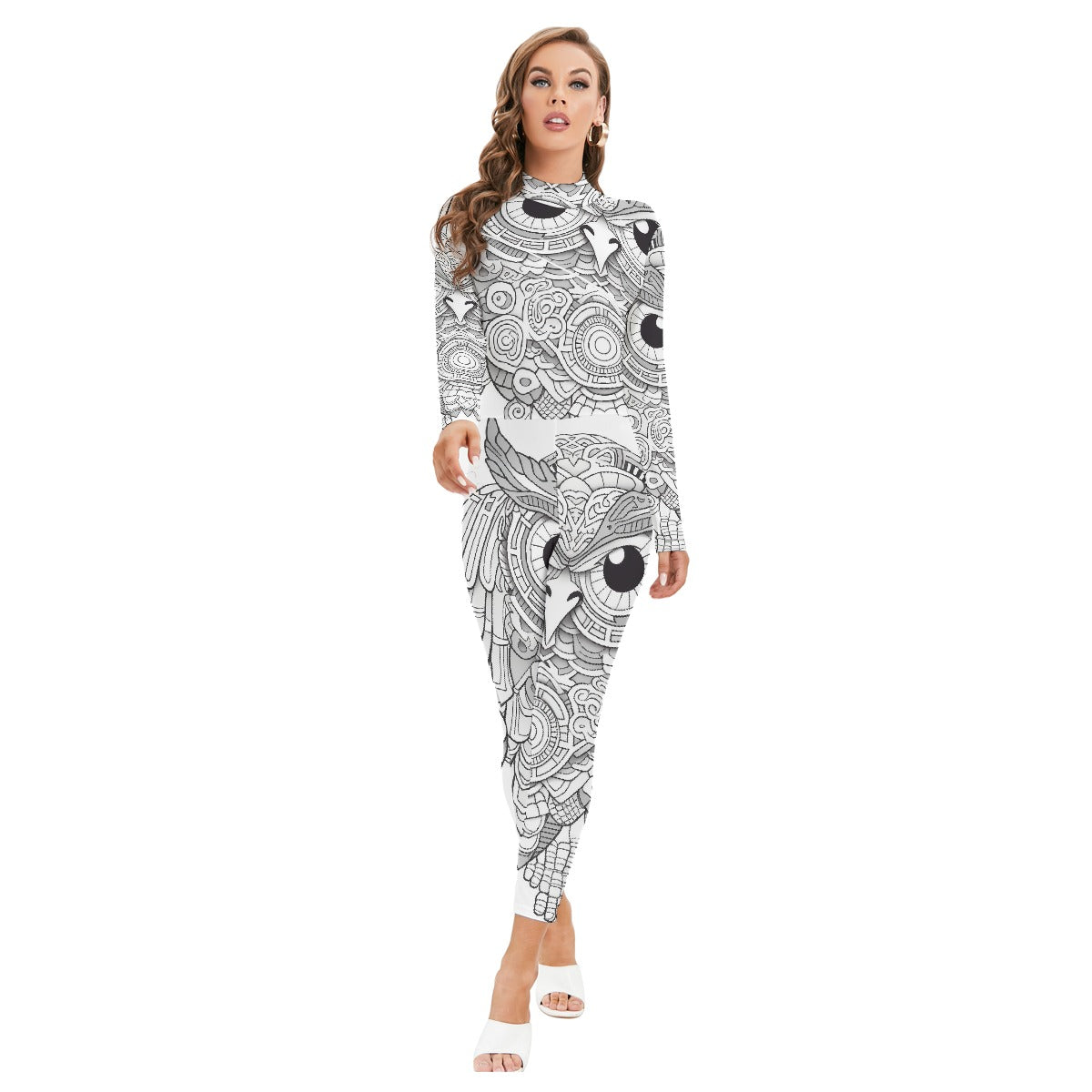 All-Over Print Women's Long-sleeved High-neck Jumpsuit With Zipper